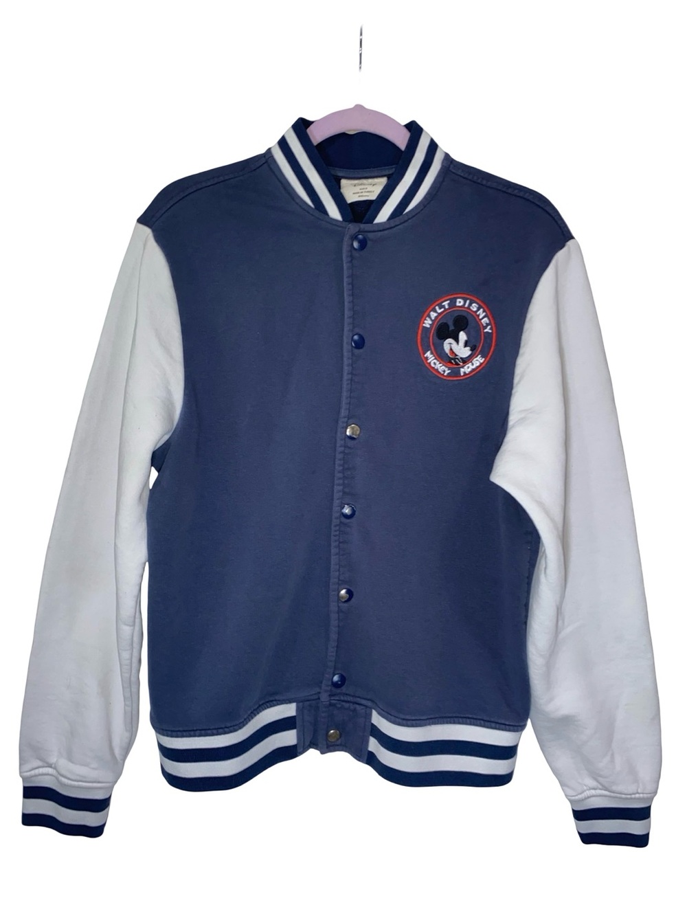 Walt Disney Mickey Mouse Varsity Jacket Blue White Colorblock Snap Front Bomber